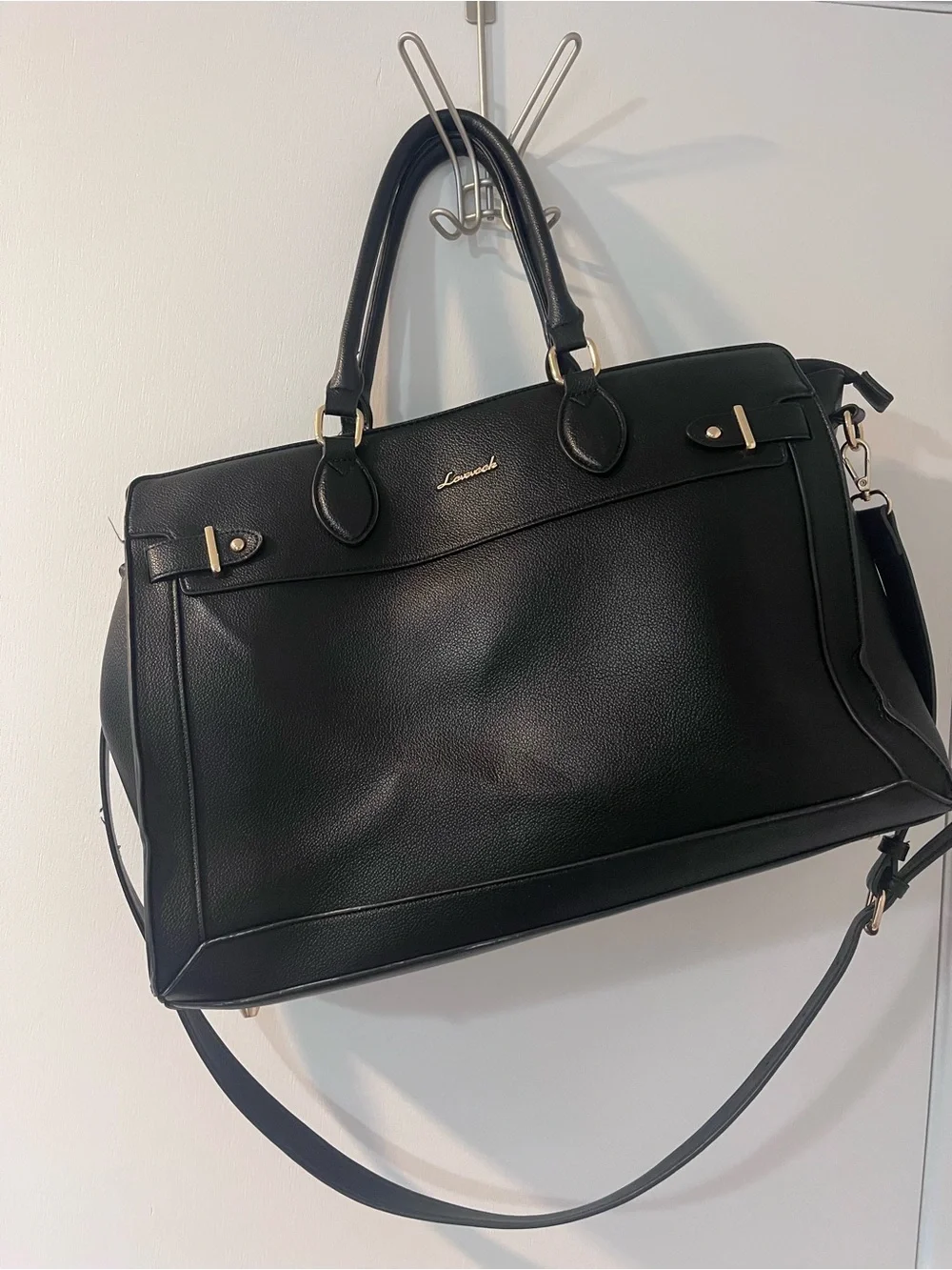 Black Leather Laptop Tote with Detachable Strap
